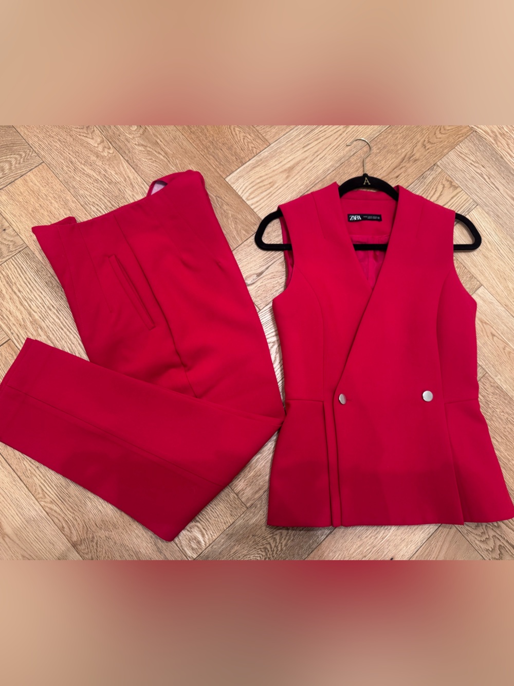 Zara Bright Red Sleeveless Blazer Vest & Tailored Pants